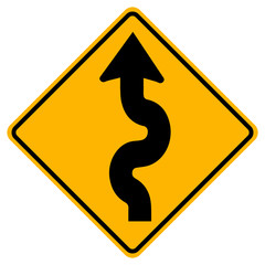 Warning signs Winding road, first bend to left on white background