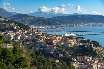 Fototapeta na wymiar Panoramic view of the Gulf of Salerno with Vietri town in the foreground and Salerno port in the background, Campania, Italy