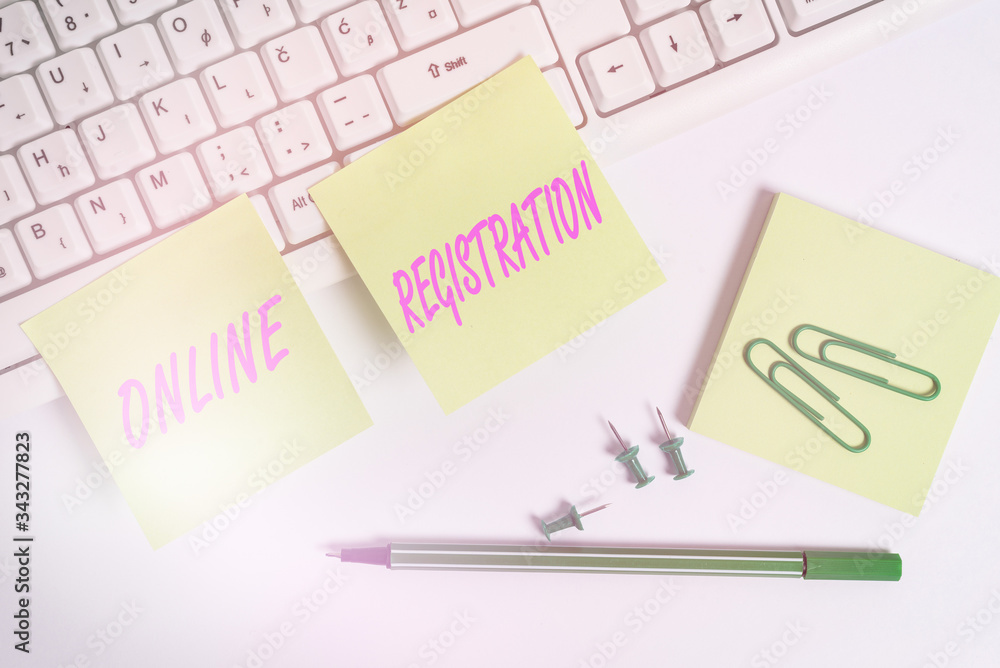 Poster conceptual hand writing showing online registration. concept meaning process to subscribe to join an