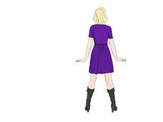 Cute hand drawn illustration of fashion girl with short blond hair. Jewel tone color. Amethyst purple. View from behind of the girl wearing high heels.