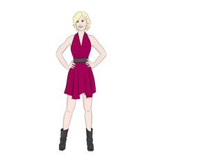 Cute hand drawn illustration of fashion girl with short blond hair. Jewel tone color. Ruby red. Girl smiles with hands on her hips.