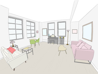 Hand drawn illustration. A beautiful living room in a modern home, with large windows, light hardwood floors and cool furniture. Color.