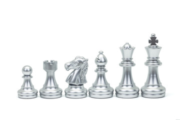 Silver chess piece stand in a row isolated on white background (king, queen, bishop, knight, rook, pawn). Clipping path