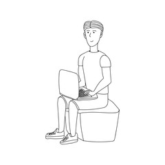 Cute vector hand drawn doodle, man with laptop. Stay Home, work in home. Freelance. Online studied. Quarantine positive doodle people. Isolated on white background.