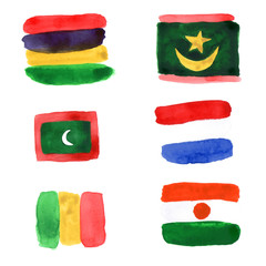 Watercolor illustrations of the flags of the countries of Mauritius, Mauritania, Morocco, Mali, Netherlands, Niger.