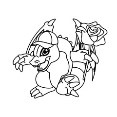Fototapeta na wymiar Coloring Dragon wearing a Hat and Carrying Roses Cartoon, Cute Funny Character, Flat Design