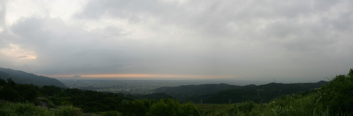 Cloudy sunrise high angle view of the Yilan plain landscape