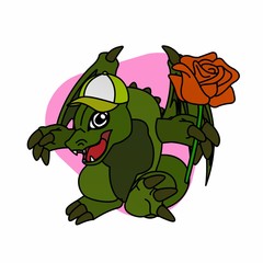 Illustration of Green Dragon wearing a Hat and Carrying Roses Cartoon, Cute Funny Character, Flat Design