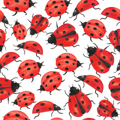 seamless pattern, watercolor illustration, red beetle drawings, ladybugs, wallpaper ornament, wrapping paper, scrapbooking