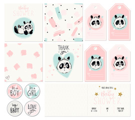 Baby arrival and shower collection. Set of cards, stickers, invitations for celebration. First birth cards in doodle style, vector illustrations. Cute panda, stars and hand writing phrases