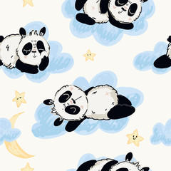 Seamless cute pattern of pandas on the blue clouds and stars. Vector hand drawn illustration in doodle style. Kids wallpaper, wrapping design, baby prints.
