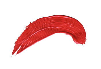 Red colored brush stroke paiting over isolated background, canvas watercolor texture, red lipstick smudge