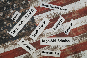 State of economy in USA recession stock market crash bad news concept flat lay