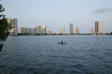 Miami beach skyline with skyscrapers on the water 