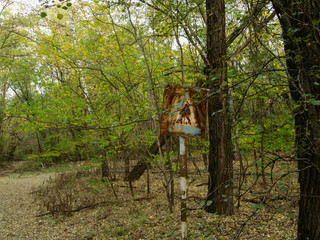 Naklejka premium Abandoned street and rusty road sign. Previous roads and alleys are taken by trees and bushes. Ghost town of Pripyat, Chernobyl Exclusion Zone. Ukraine.