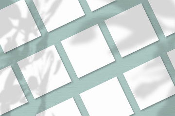 Several square sheets of white textured paper against a grey wall background. Natural light casts shadows from the tree of happiness. Flat lay, top view