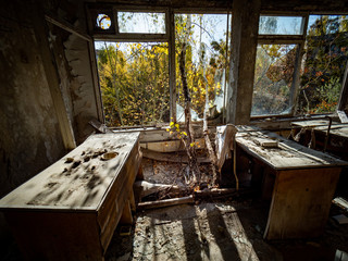 Obraz premium Classroom in the abandoned school in Pripyat. Chernobyl Exclusion Zone. Ukraine