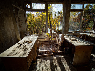 Classroom in the abandoned school in Pripyat. Chernobyl Exclusion Zone. Ukraine