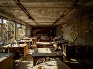 Classroom in the abandoned school in Pripyat. Chernobyl Exclusion Zone. Ukraine