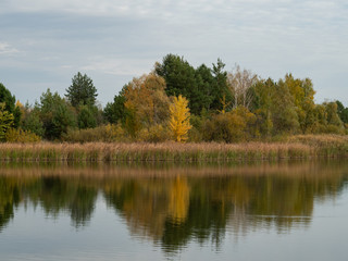 Autumn landscape lake in Pripyat, Chernobyl Exclusion Zone in Ukraine