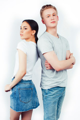 modern hipster guys together couple diverse nations, asian girl and caucasian blond boy isolated on white background, lifestyle people concept