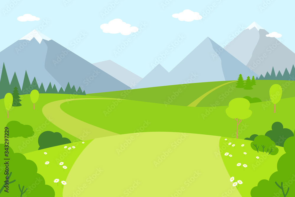 Wall mural mountain landscape flat cartoon style. summer scenery outdoor activities. park, green grass outdoor 