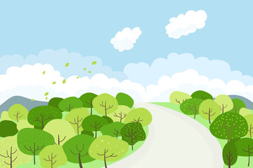 Illustration of a spring landscape with green trees.