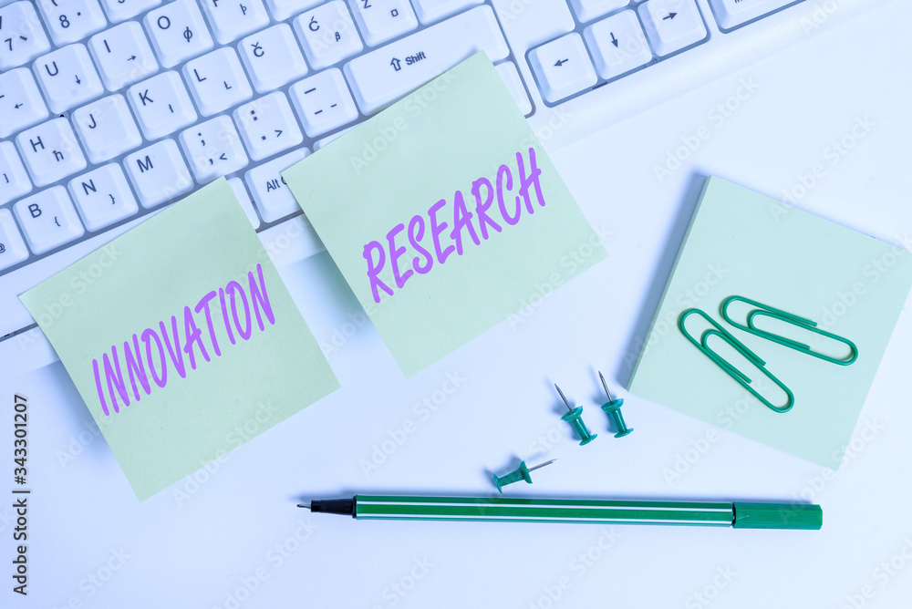Poster conceptual hand writing showing innovation research. concept meaning existing products services come