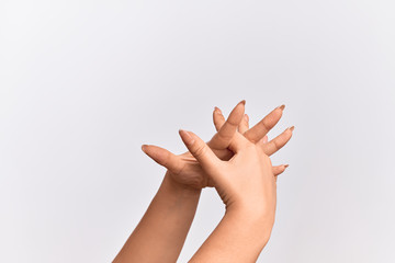 Hand of caucasian young woman stretching with fingers intertwined, hands together and fingers interlocked