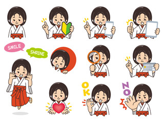 巫女の女性バリエーション　初心者マーク　スマートフォン　タブレット　虫眼鏡　クレジットカード　ハート　OK　NO