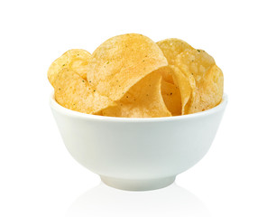 potato chips in bowl isolated on white background ,include clipping path