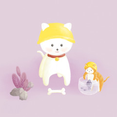 Labord day illustration,puppy standing on the ground with a bone nearby , kitten watching the fish in the goldfish bowl