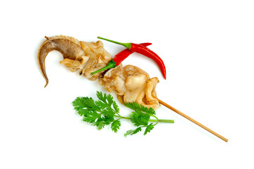 tentacles of squid with skewer isolated on white background