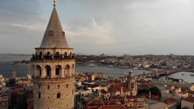 Medieval Galata Tower 700 years old. Istanbul aerial drone view.