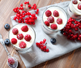 Healthy breakfast with yogurt and granola. Top view.