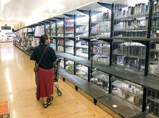 COVID-19 Outbreak. Image of Empty supermarket shelves amid panic buying during coronavirus shutdowns