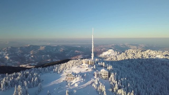 Uludag Ski Resort, Turkey. Aerial View of Communication Tower and Winter Sport Facilities Under Morning Sun