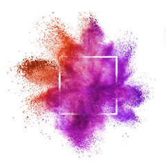 Red purple powder explosion in a frame on a white background.