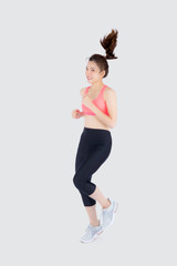 Beautiful young asian woman happy and smiling jogging isolated on white background, asia girl cheerful in sport is activity exercise cardio and workout with running for healthy, health concept.
