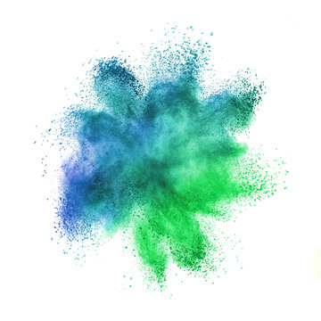 Chaotic explosion in blue-green colors on a white background.