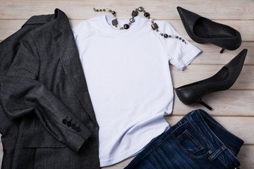 Women’s T-shirt mockup with high heels and blazer