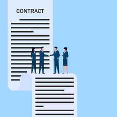 People handshake on contract paper for agreement. Business flat vector concept illustration.