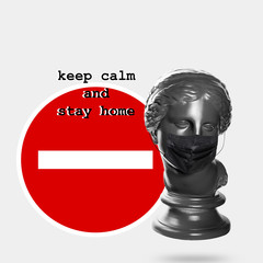 black collection. venus. ancient statue. mask on the face. virus protection. pandemic.inscription, stop sign, keep calm and stay home