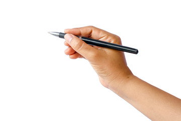 Close-up of a woman's hand holding a pen and writing gesture on a white background with the clipping path.