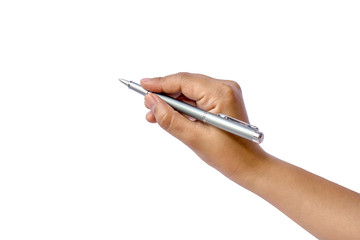 Close-up of a woman's hand holding a pen and writing gesture on a white background with the clipping path.