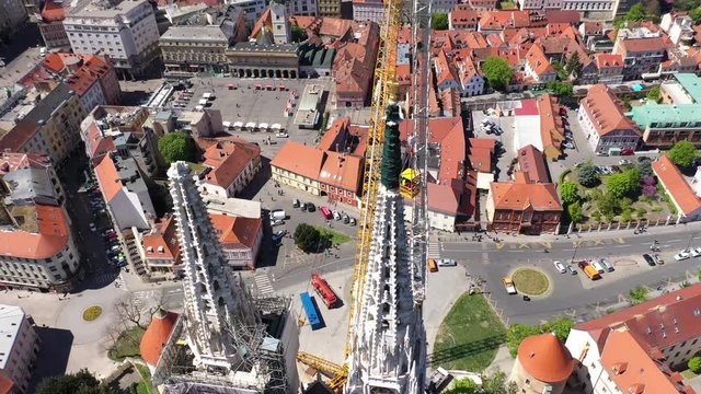 Zagreb Cathedral North Tower, damaged in Earthquake, preparing for controlled demolition by alpinists - Aerial Drone View