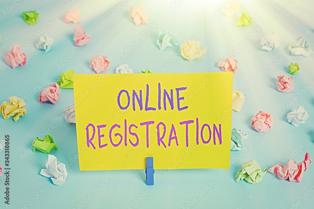Poster text sign showing online registration. business photo text process to subscribe to join an event clu