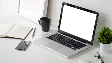 Workspace desk and laptop. copy space and blank screen. Business image, Blank screen laptop and supplies.