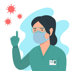 Illustration of woman doctor with antivirus protection, medical masks and protective glasses. Design element for poster, label, sign, emblem, infographic. Vector illustration