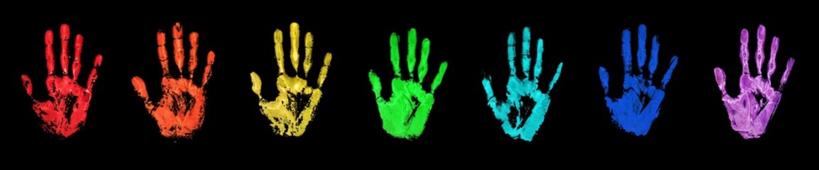 Rainbow color human hand print set black background isolated closeup, colorful watercolor drawn handprint illustration collection, palm and fingers silhouette, hand shape painted stamp, imprints group